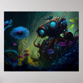 Blue Tropical Forest Flowers Robot Poster