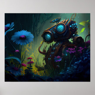 Blue Tropical Forest Flowers Robot Poster