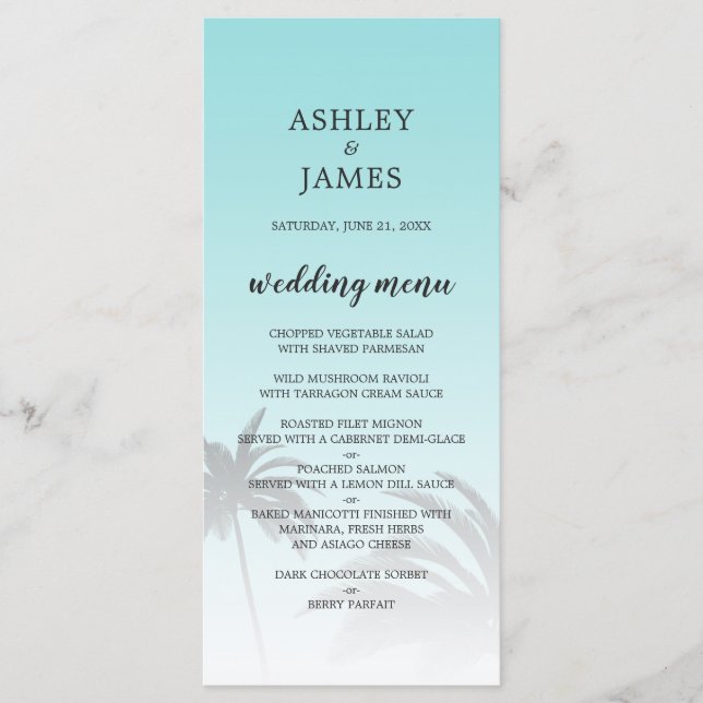 Blue Tropical Handflatan Träd Beach Wedding Meny (Framsida)