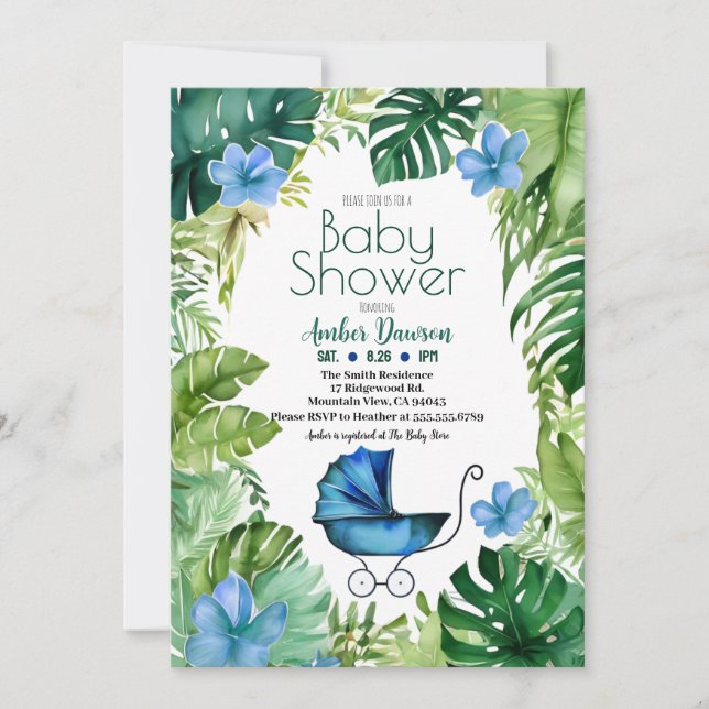 Blue Tropical Jungle Carriage for Boys Baby Shower Inbjudningar (Framsida)