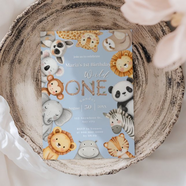 Blue Tropical Vild One Jungle Safari Animals Inbjudningar (Skapare uppladdad)