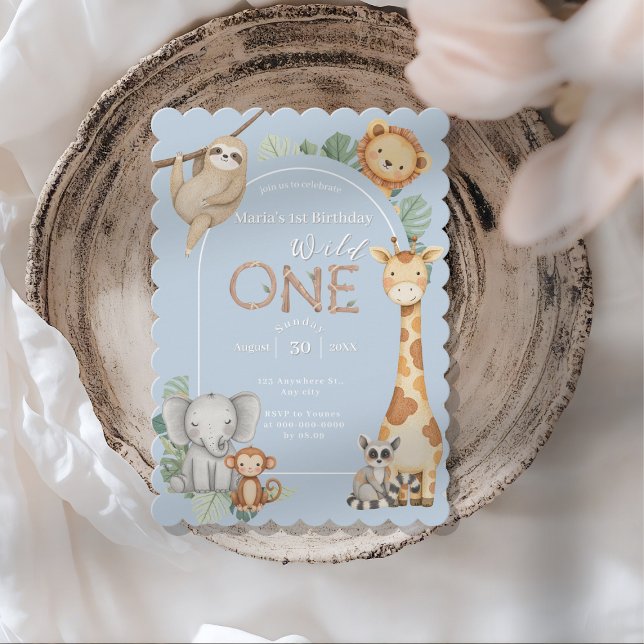 Blue Tropical Vild One Jungle Safari Animals Inbjudningar (Skapare uppladdad)