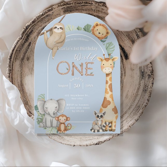 Blue Tropical Vild One Jungle Safari Animals Inbjudningar (Skapare uppladdad)