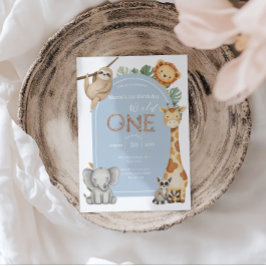 Blue Tropical Vild One Jungle Safari Animals Inbjudningar