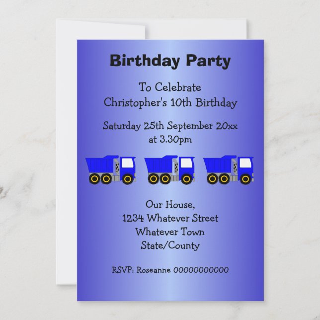 Blue Truck Design Boy's Birthday Party Inbjudningar (Framsida)