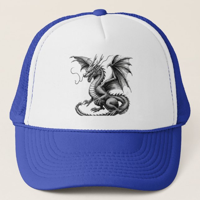 Blue Trucker Hat with Dragon Design - Black and Wh Keps (Framsida)