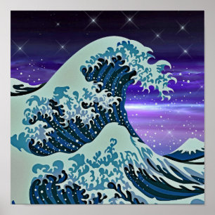 Blue Tsunami Wave Japansk Art Teckning Poster