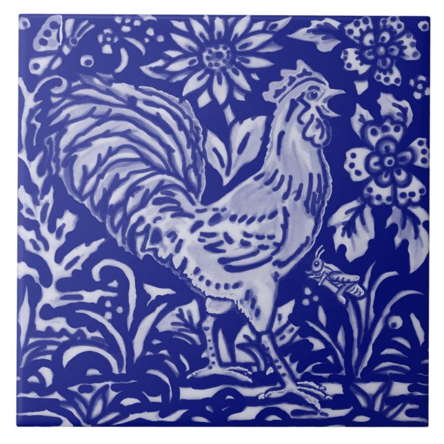 Blue Tupp Chicken Blommigt Farmhouse Rustic Art Kakelplatta (Framsidan)