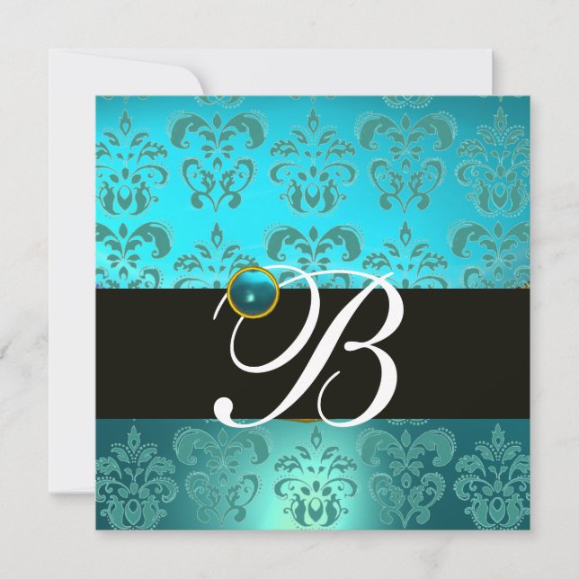 BLUE TURQUASE BLACK DAMASK MONOGRAM, aquamarine Inbjudningar (Framsida)