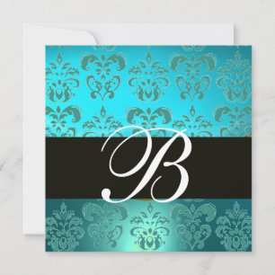 BLUE TURQUASE BLACK DAMASK MONOGRAM, aquamarine Inbjudningar