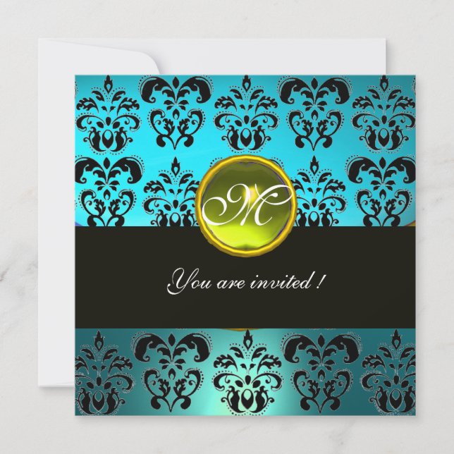 BLUE TURQUASE BLACK DAMASK MONOGRAM, gult topaz Inbjudningar (Framsida)