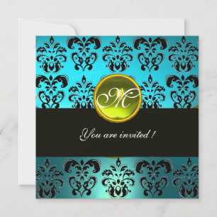 BLUE TURQUASE BLACK DAMASK MONOGRAM, gult topaz Inbjudningar