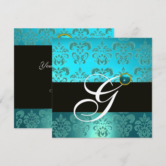 BLUE TURQUASE BLACK SILVER DAMASK MONOGRAM INBJUDNINGAR (Fram/baksida)