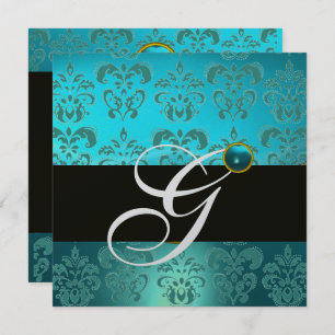 BLUE TURQUASE BLACK SILVER DAMASK MONOGRAM INBJUDNINGAR