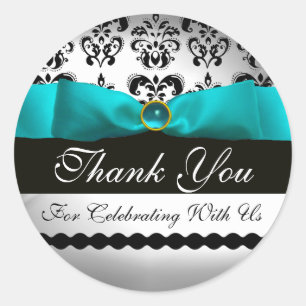 BLUE TURQUASE & WHITE DAMASK RIBBON Aquamarine Runt Klistermärke