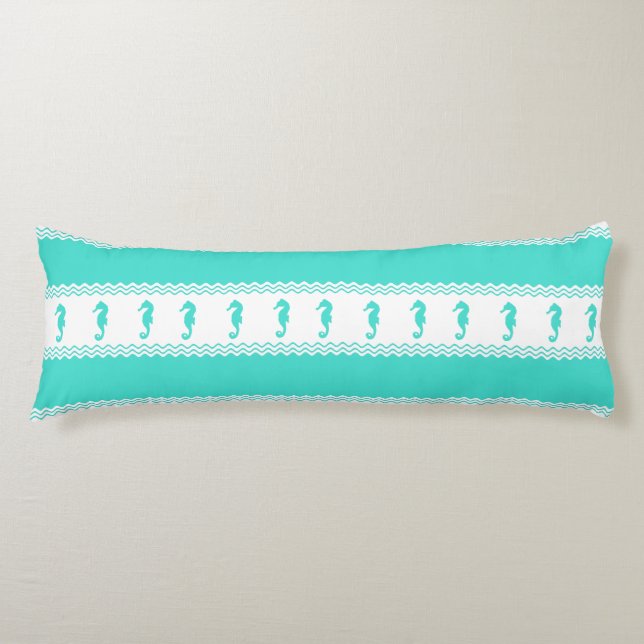 Blue Turquoise Coastal Seahorses Stripes Kroppskudde (Framsidan)