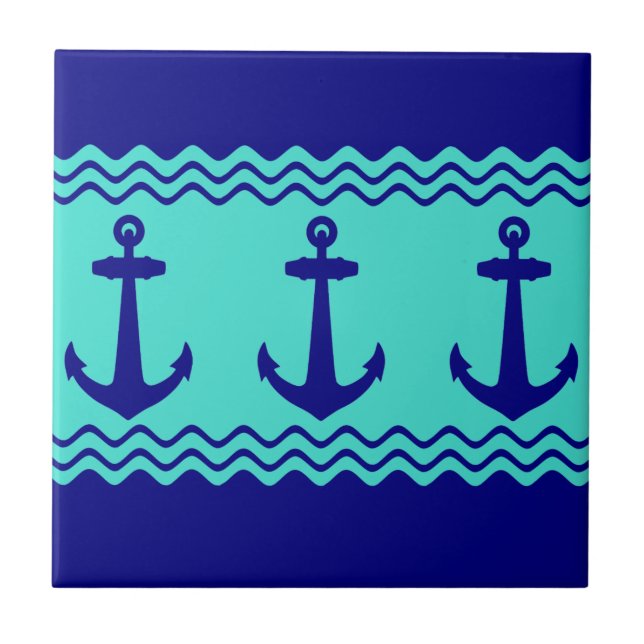Blue Turquoise Nautical Anchor Coastal Stripes Kakelplatta (Framsidan)