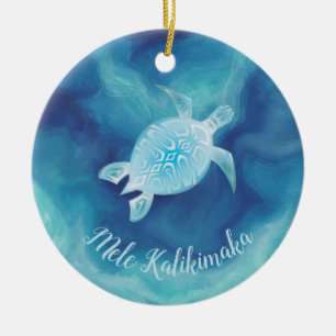 Blue Turtle Mele Kalikimaka Hawaiian Julgransprydnad Keramik