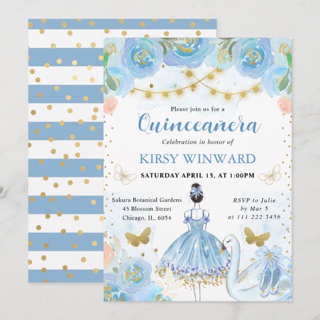 Blue Tutu Black Hair Ballerina Quinceanera Inbjudningar (Fram/baksida)