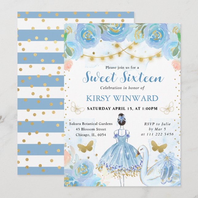 Blue Tutu Black Hair Ballerina Sweet 16 Inbjudningar (Fram/baksida)