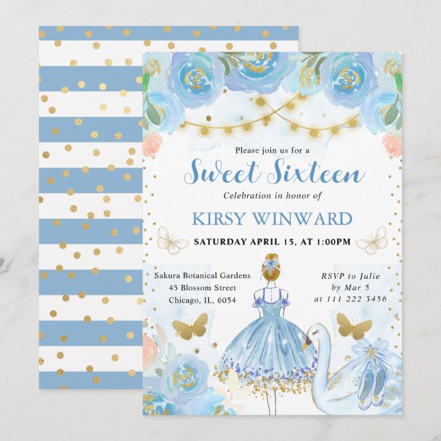 Blue Tutu Blonde Hair Ballerina Sweet 16 Inbjudningar (Fram/baksida)