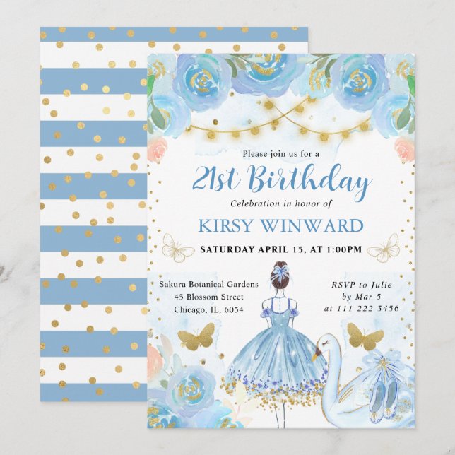 Blue Tutu Brunette Hair Ballerina Birthday Inbjudningar (Fram/baksida)