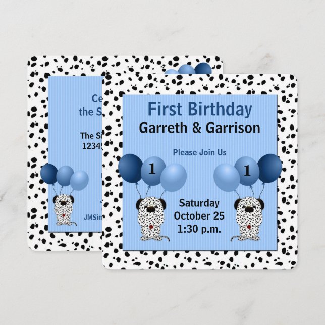 Blue Twin Boys 1st Birthday Party Inbjudningar (Fram/baksida)