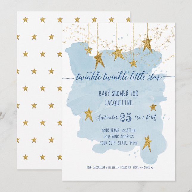 Blue Twinkle Little Star Guld Boy Shower Inbjudningar (Fram/baksida)