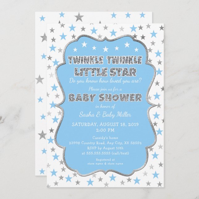BLUE Twinkle Twinkle Little Star Baby Shower Inbjudningar (Fram/baksida)