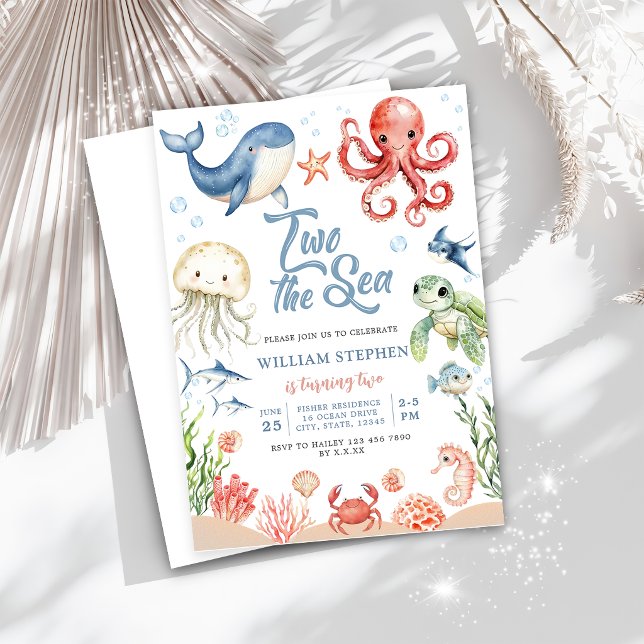 Blue Two The Sea Ocean Animals 2nd Birthday Inbjudningar (Skapare uppladdad)