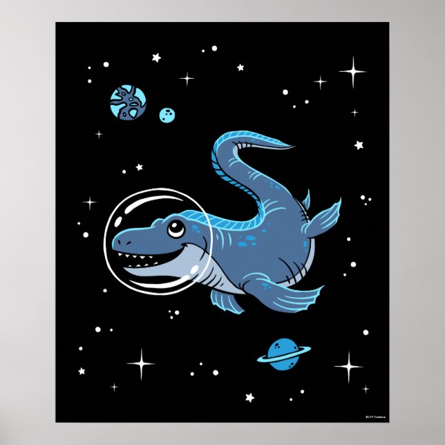 Blue Tylosaurus Dinos in Space Poster (Framsidan)