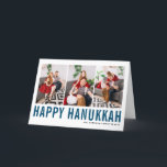 Blue Typography Lycklig Hanukkah Photo Collage Helgkort<br><div class="desc">Lycklig Hanukkah! Anpassade Lycklig Hanukkah-fotosamlingskort med blå enkel typografi och snö mönster. Anpassa genom att lägga till tre foton,  namn,  år och annan information. Detta moderna Hanukkah-kort finns i andra färg och i andra kartonger.</div>