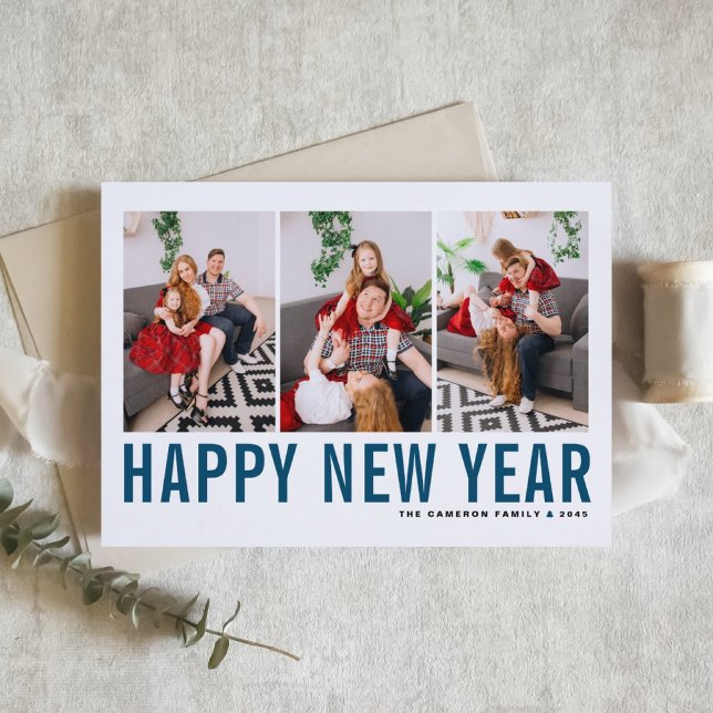 Blue Typography Photo Collage Gott nytt år Helgkort (Send new year cheer with this customizable navy blue three-photo-collage Happy New Year Card. )