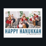 Blue Typography Photo Collage Lycklig Hanukkah Helg Vykort<br><div class="desc">Lycklig Hanukkah! Anpassade Lycklig Hanukkah-fotosamlingskort med blå enkel typografi och snö mönster. Anpassa genom att lägga till tre foton,  namn,  år och annan information. Detta moderna vykort för Hanukkah finns i andra färg och andra djurhållare.</div>