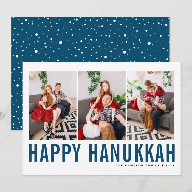 Blue Typography Photo Collage Lycklig Hanukkah Julkort (Fram/baksida)