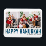 Blue Typography Photo Collage Lycklig Hanukkah Magnet<br><div class="desc">Lycklig Hanukkah! Fira den glädjande festivalen i Ljus med anpassadet fotot Hanukkah magnet! Med den här fantastiska magneten kan du visa dina favoritminnen samtidigt som du lägger till en personlig beröring till din helgdag-dekoration. Den har blå enkel typografi. Anpassa genom att lägga till tre foton, namn, år och annan information....</div>