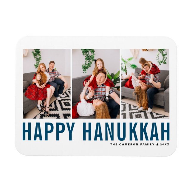 Blue Typography Photo Collage Lycklig Hanukkah Magnet (Horisontell)