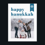 Blue Typography Snöflingor Photo Lycklig Hanukkah Helg Vykort<br><div class="desc">Lycklig Hanukkah! | Skicka ditt helgdag med det här anpassadet ett vykort för Hanukkah-foton. Den har blå återtro-fetstilt typografi,  enkel snöflingor-accent och festive mönster. Anpassa genom att lägga till namn,  år och foto. Det här festive fotot Lycklig Hanukkah-vykortet finns i olika färg och kardstock.</div>