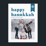 Blue Typography Snöflingor Photo Lycklig Hanukkah Helg Vykort<br><div class="desc">Lycklig Hanukkah! | Skicka ditt helgdag med det här anpassadet ett vykort för Hanukkah-foton. Den har blå återtro-fetstilt typografi,  enkel snöflingor-accent och festive mönster. Anpassa genom att lägga till namn,  år och foto. Det här festive fotot Lycklig Hanukkah-vykortet finns i olika färg och kardstock.</div>