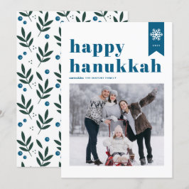 Blue Typography Snöflingor Photo Lycklig Hanukkah Julkort