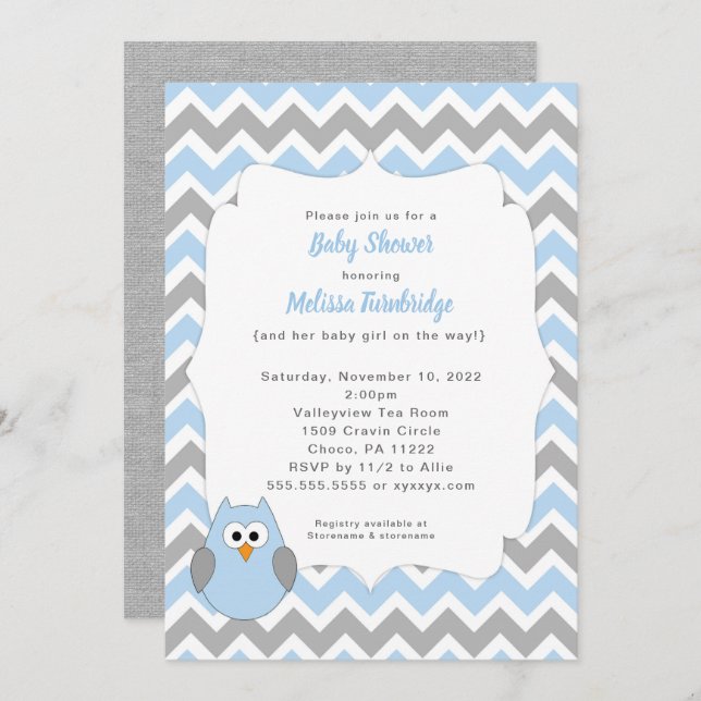 Blue Uggla Baby Shower-inbjudan, pojk baby sprinkl Inbjudningar (Fram/baksida)
