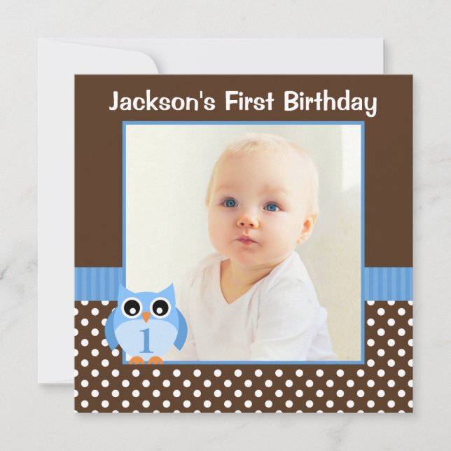 Blue Uggla Brown Polka Dot 1st Birthday Boy Photo Inbjudningar (Framsida)