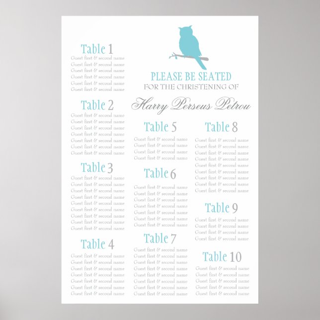 Blue uggla Christening Seating bord plan 1-10 Poster (Framsidan)