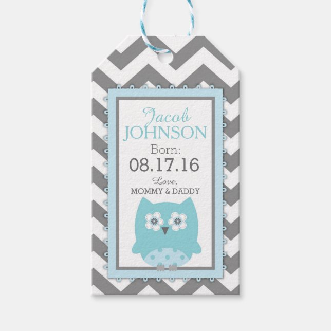 Blue Uggla Grått White Chevron Baby Shower Presentetikett (Framsidan)