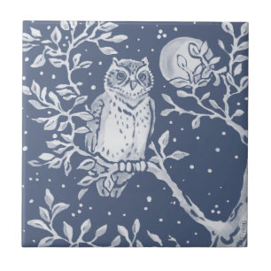 Blue Uggla Måne Night Woodland Forest Animal Orna Kakelplatta