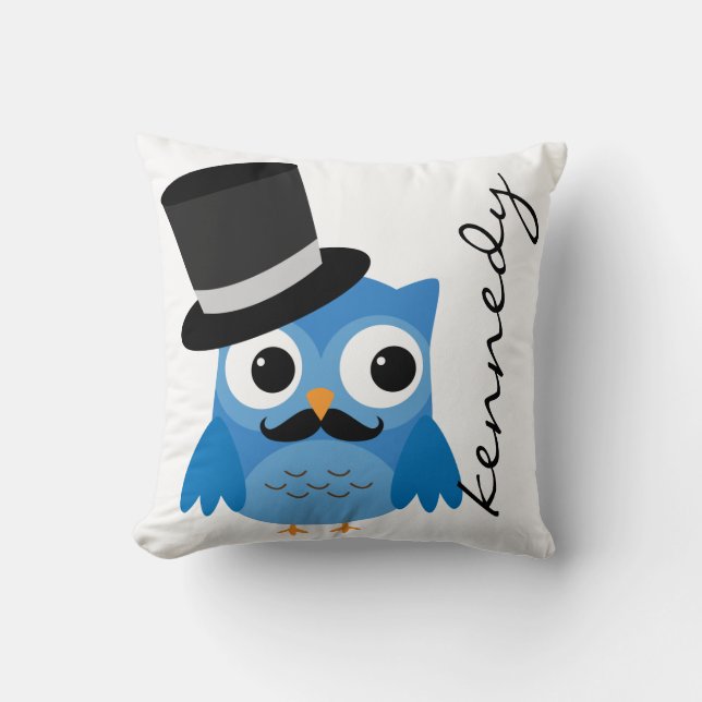 Blue Uggla med Mustache och Top hat Pillow Kudde (Framsida)