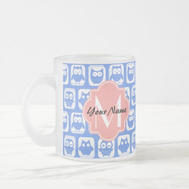 Blue Uggla Mönster Coral Monogram Personlig Namn Frostad Glasmugg (Vänster)