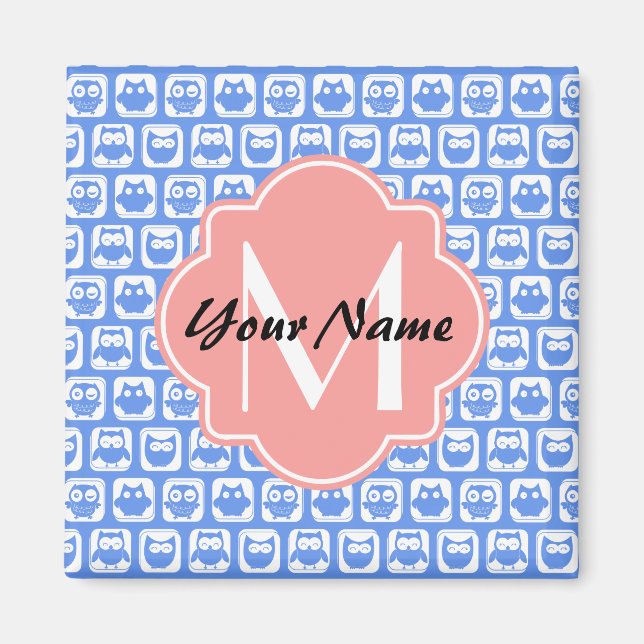 Blue Uggla Mönster Coral Monogram Personlig Namn Magnet (Framsidan)