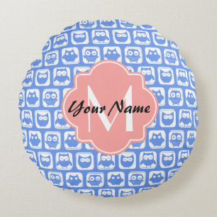 Blue Uggla Mönster Coral Monogram Personlig Namn Rund Kudde