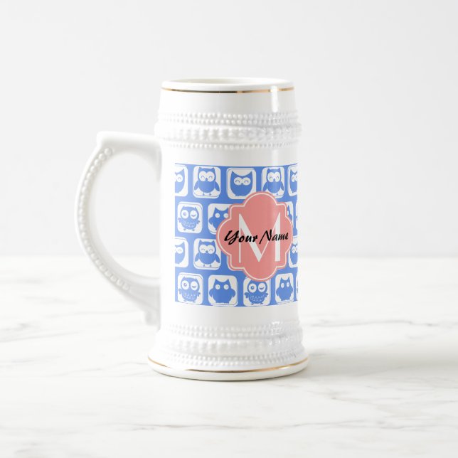 Blue Uggla Mönster Coral Monogram Personlig Namn Sejdel (Vänster)